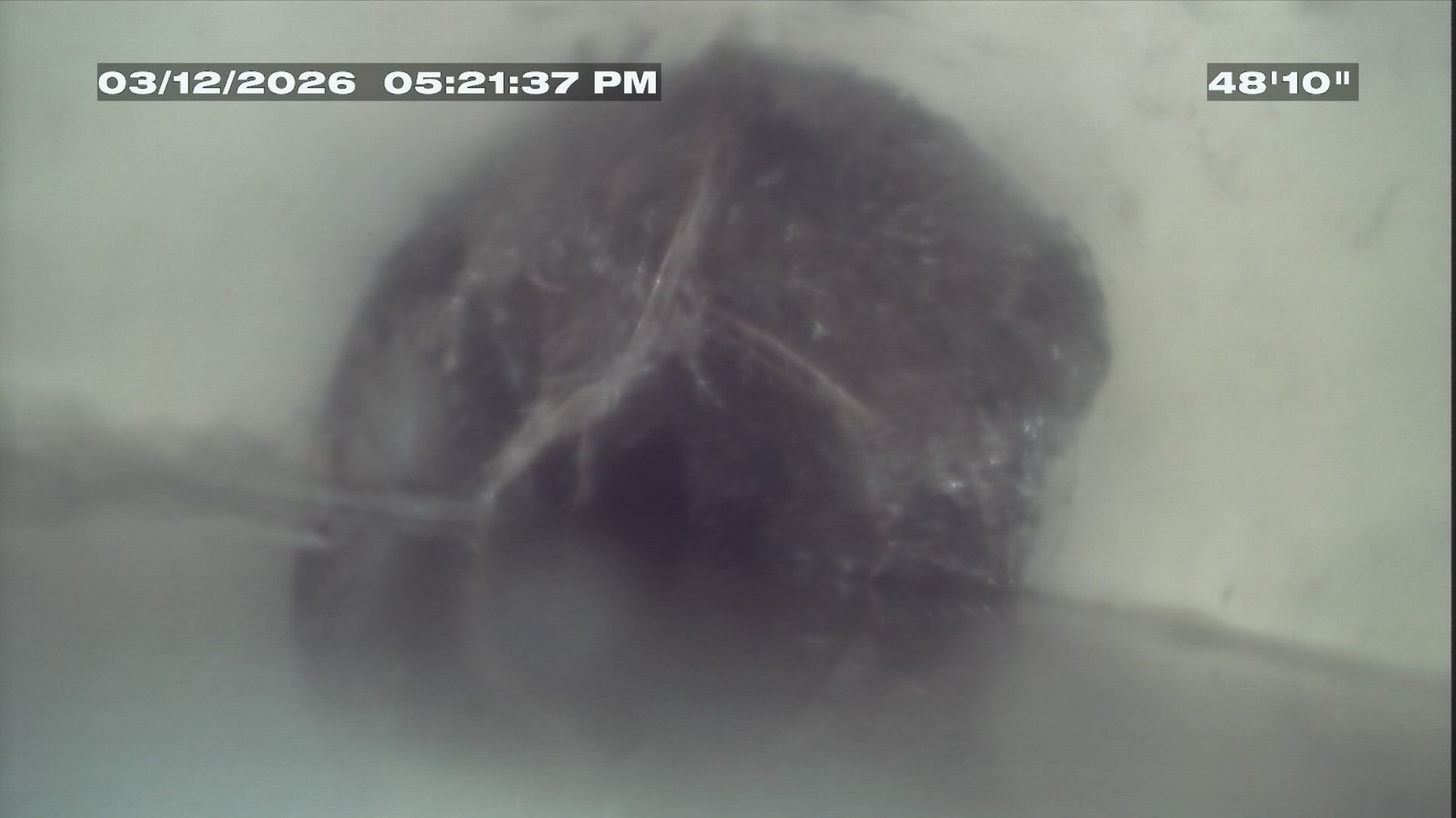 Sewer camera image showing a blockage inside a line.